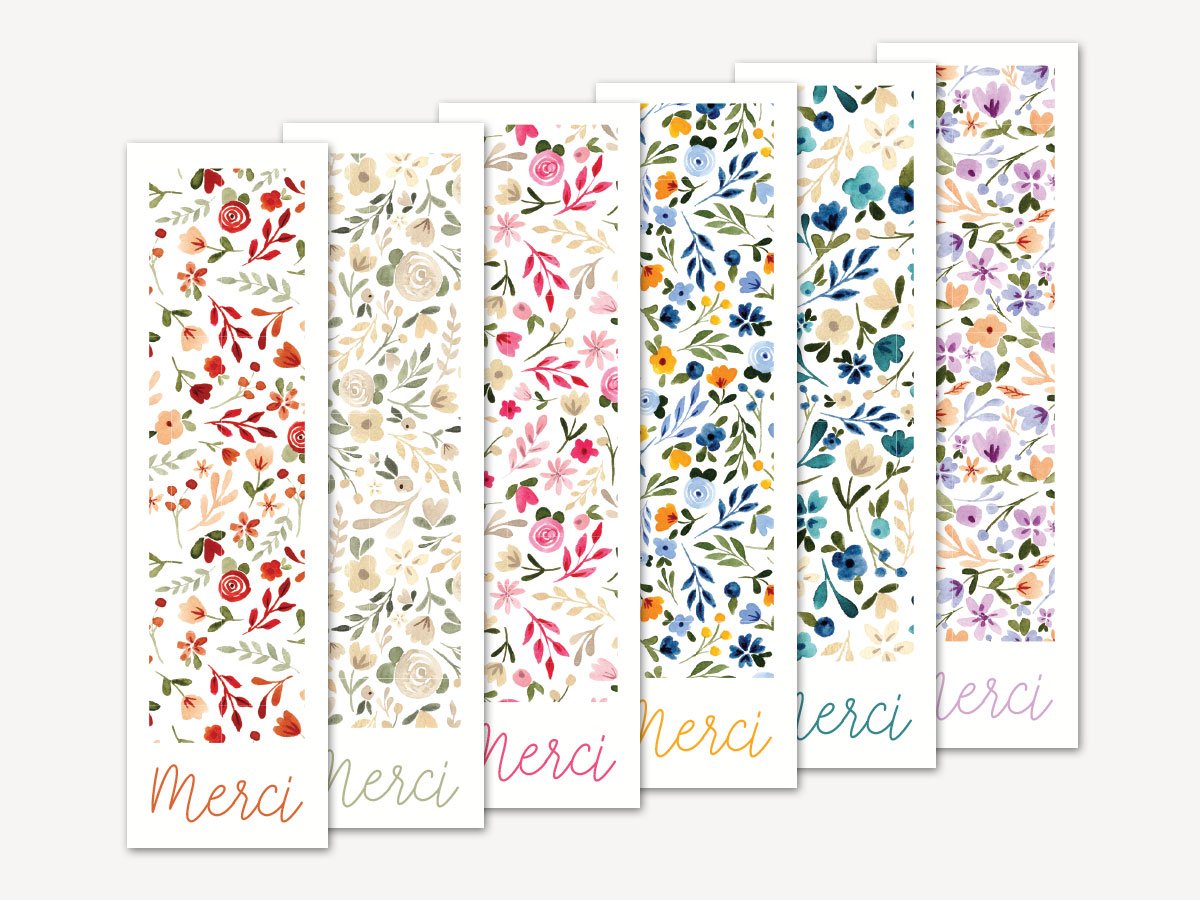Lot de 12 Marque-pages Merci - Fleurs assortiment de couleurs