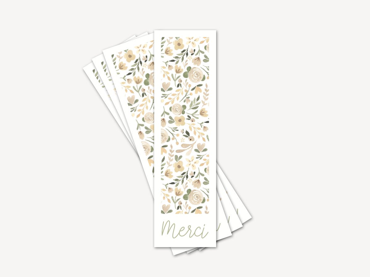 Lot de 12 Marque-pages Merci - Fleurs beiges et vertes