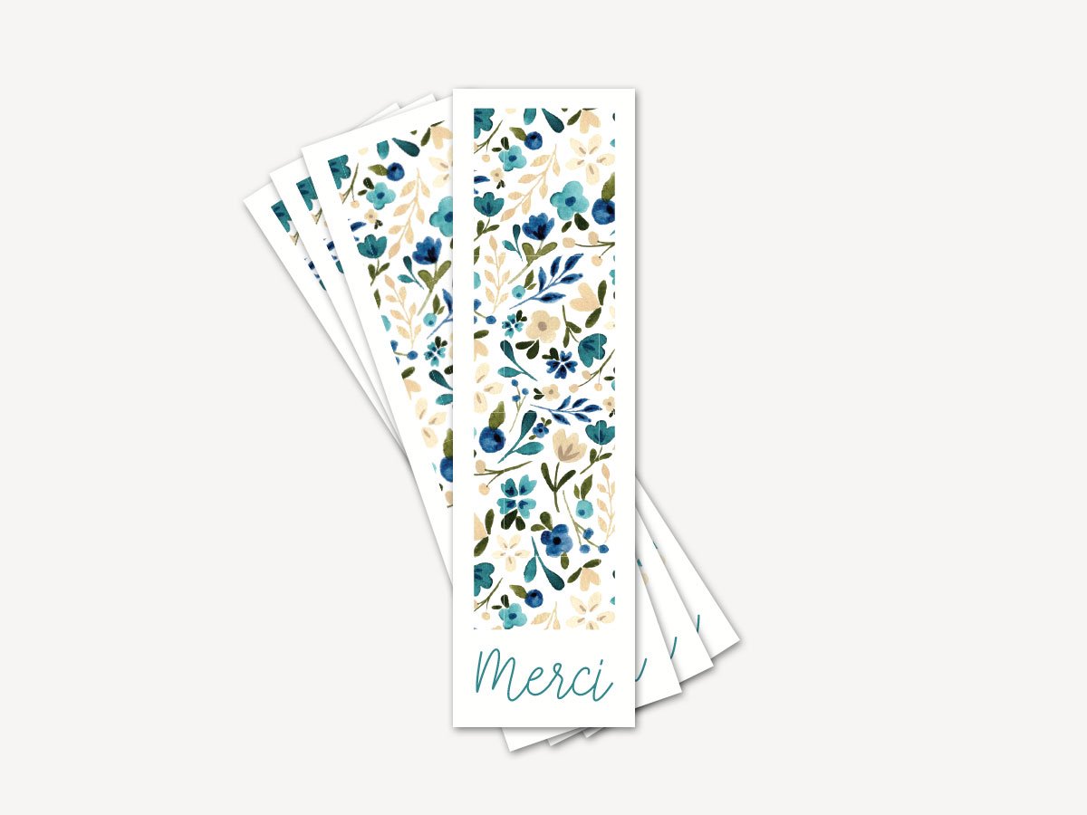Lot de 12 Marque-pages Merci - Fleurs bleues et blanches