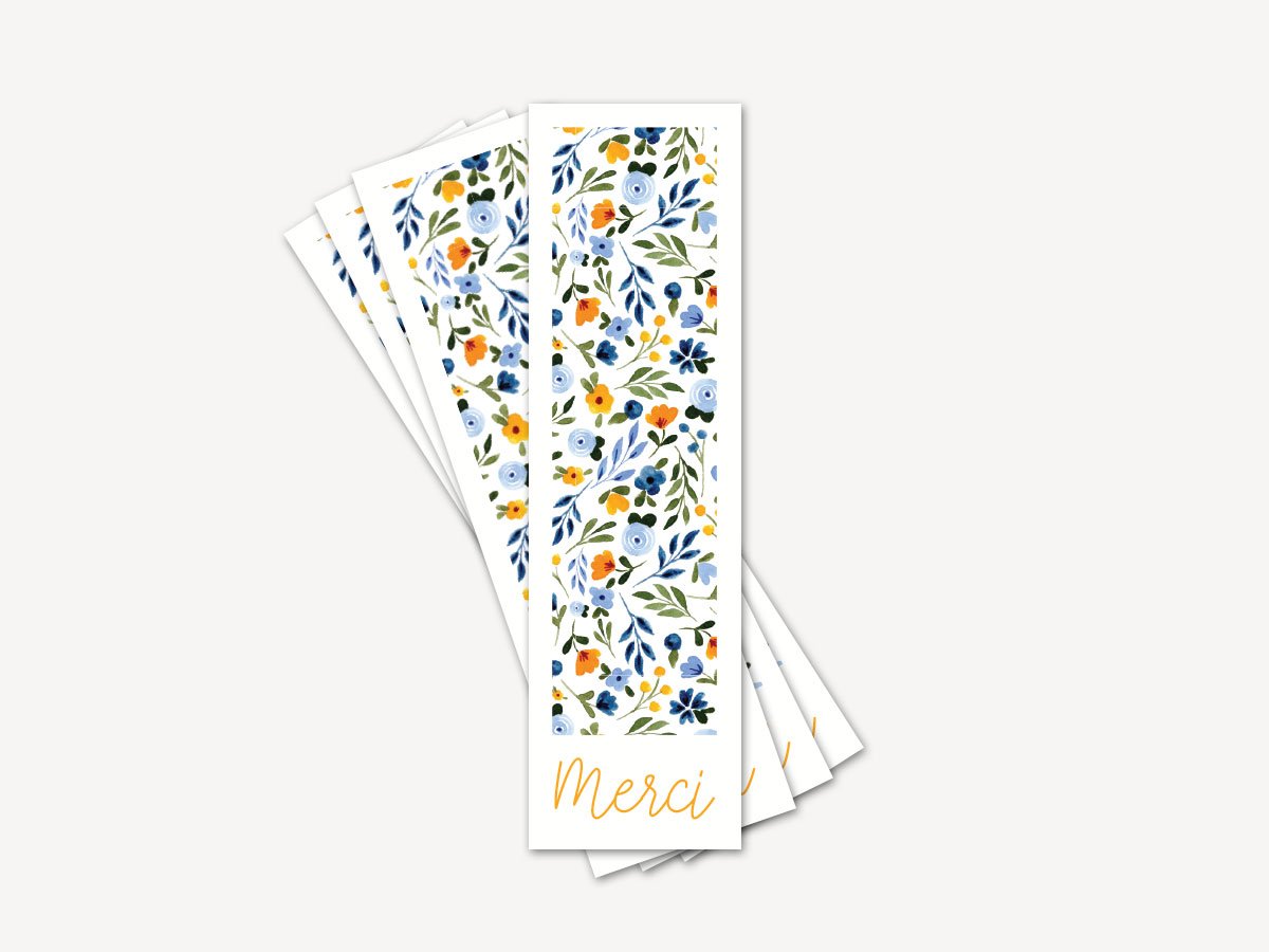 Lot de 12 Marque-pages Merci - Fleurs bleues et oranges