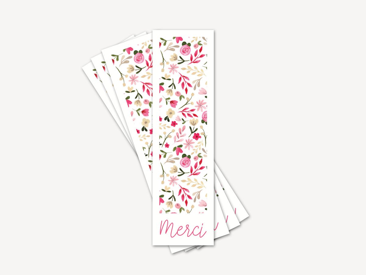 Lot de 12 Marque-pages Merci - Fleurs roses et blanches