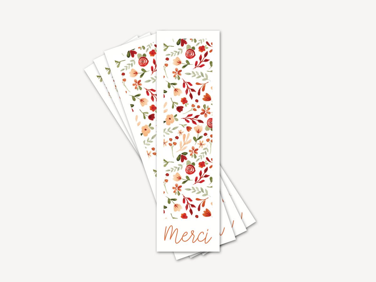 Lot de 12 Marque-pages Merci - Fleurs rouges et oranges