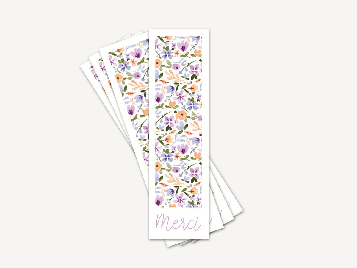 Lot de 12 Marque-pages Merci - Fleurs violettes et oranges